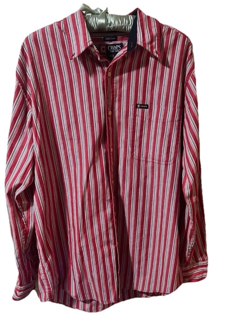 Chaps Easy Care Long Sleeve Shirt Red Stripe Cotton Blend Mens SZ‎ L Chest 48 in